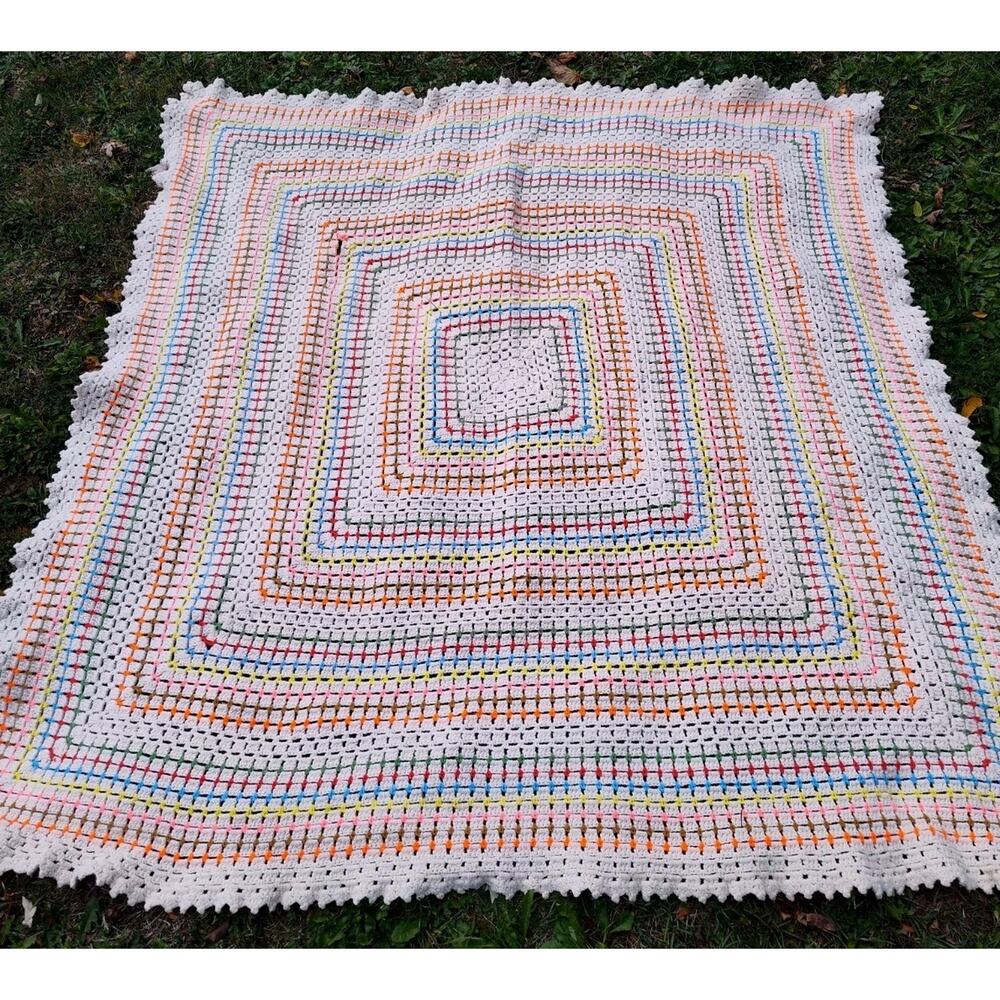 Vintage Handmade Crocheted Granny Square Afghan Throw Blanket 72"x68"